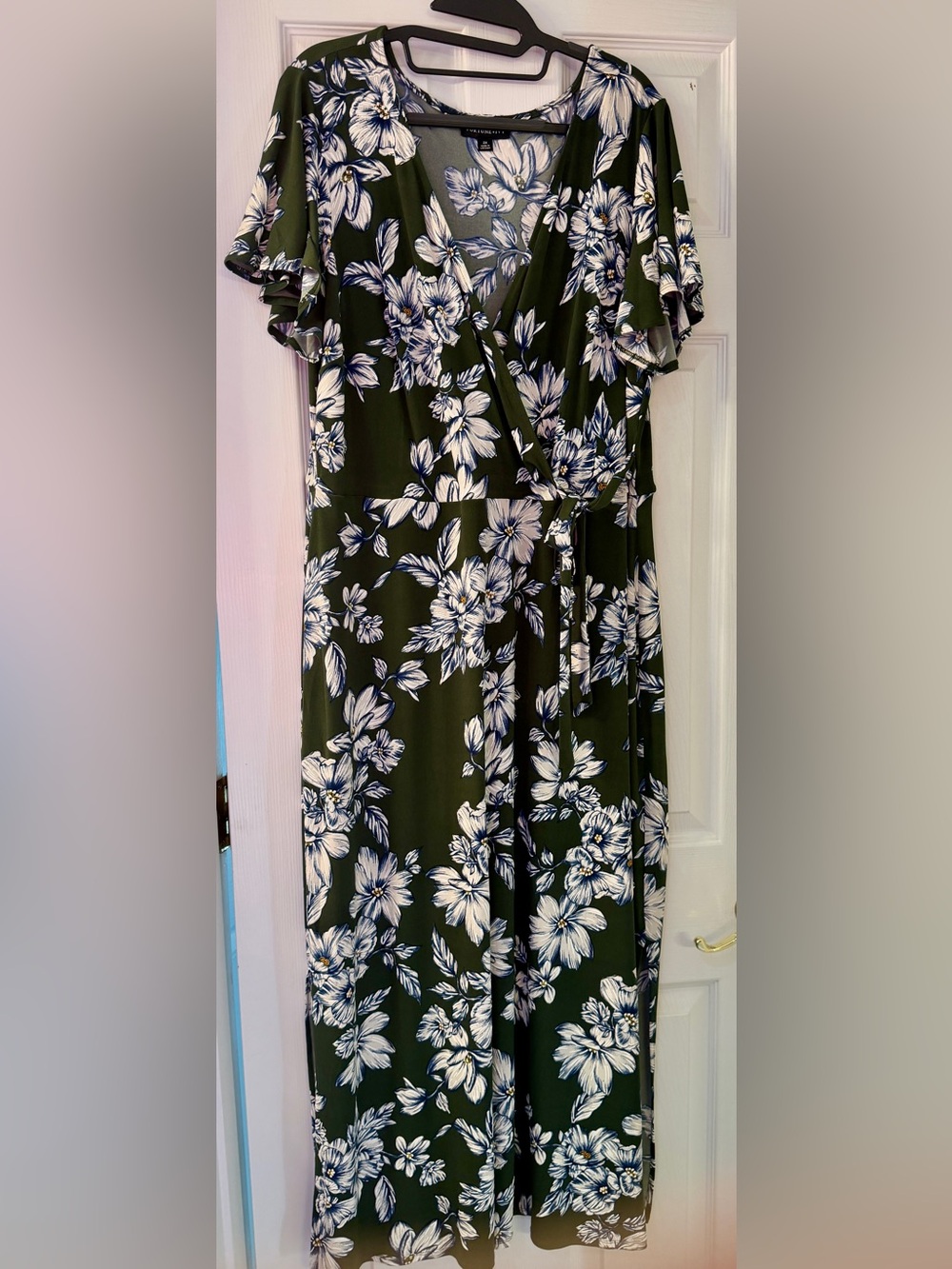 Olive Green Floral faux Wrap Dress with Navy & White Blooms